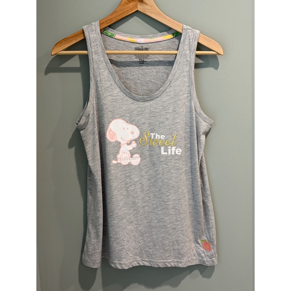 Peanuts Snoopy The Sweet Life Gray Graphic Tank Top Small Gold Embroidery